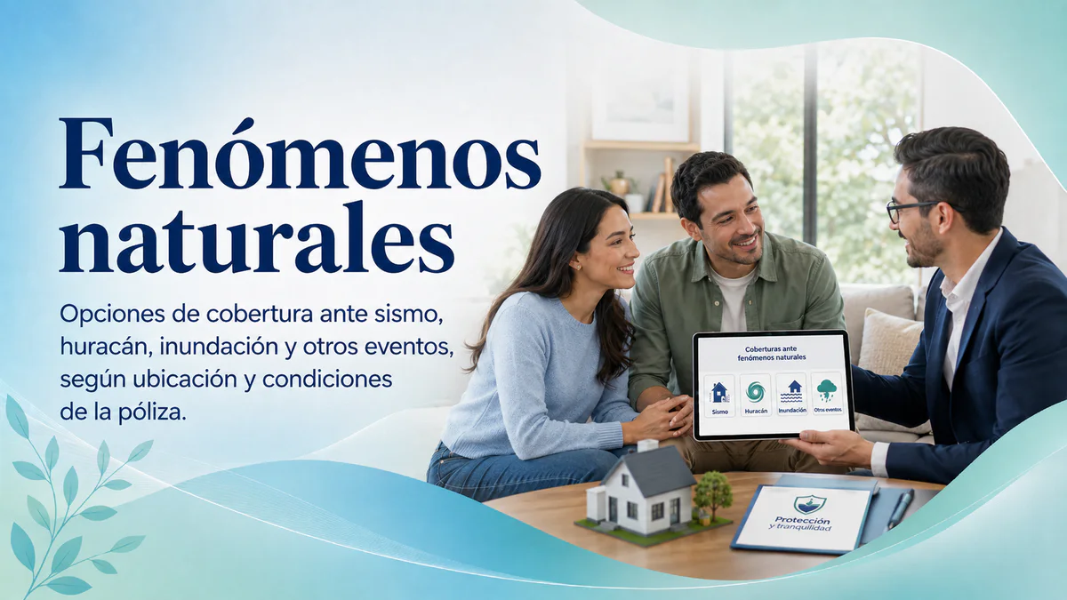 Fenómenos naturales. Opciones de cobertura ante sismo, huracán, inundación y otros eventos, según ubicación y condiciones de la póliza.